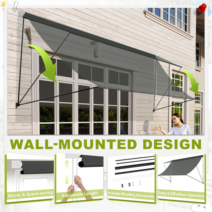 UISEBRT Fallarmmarkise Fenstermarkise einziehbar 150x145 cm, Balkonmarkise mit Kordel und Aluminium