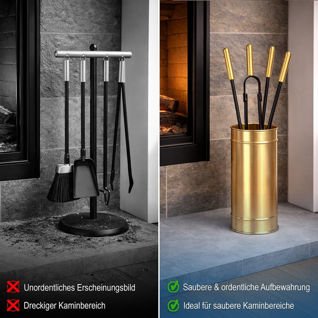 MS Beschläge Kaminbesteck Set 5-teilig Messing – Ofenbesteck modern mit geschlossenem Halter – Kamin