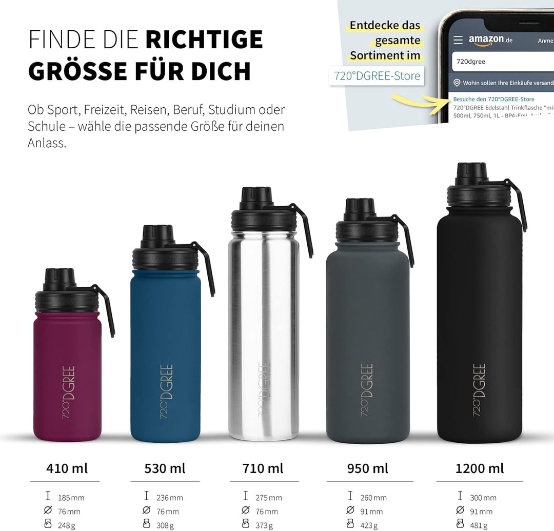 720°DGREE Edelstahl Trinkflasche “noLimit” - Auslaufsicher, Kohlensäure geeignet, BPA-Frei - Thermos