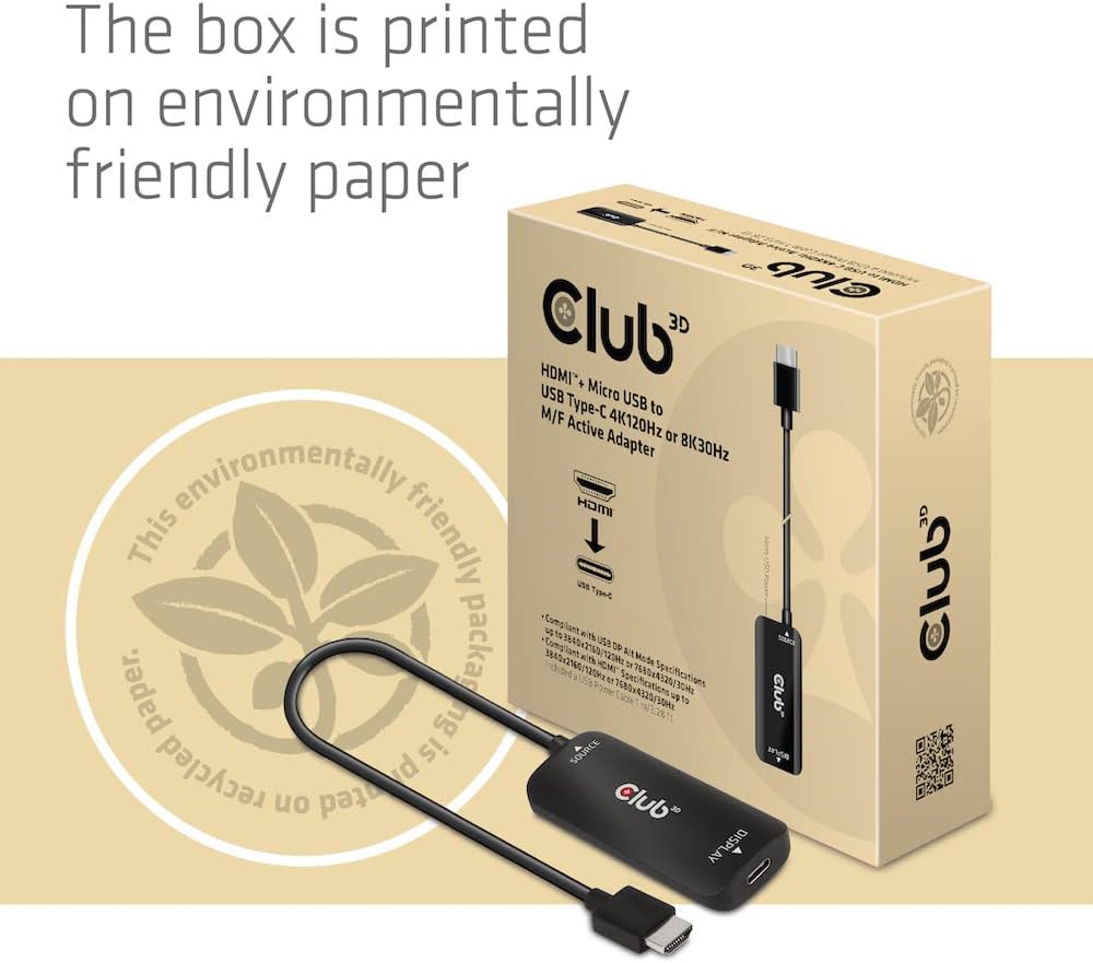 Club 3D CAC-1336 HDMI+ Micro USB auf USB Typ-C 4K120Hz oder 8K30Hz M/F Aktiver Adapter, CAC-1336