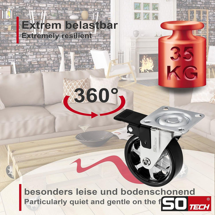 SOTECH 4 Stück Design Lenkrollen SHIFT Rollen-Ø 75 mm schwarz mit Feststellfunktion, belastbar bis 1