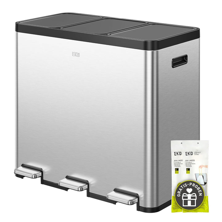 EKO Essential Mülleimer 3 Fächer, 3 x 20 L, Mülltrennsystem Küche, inklusive 20 Müllbeutel, Tretmüll