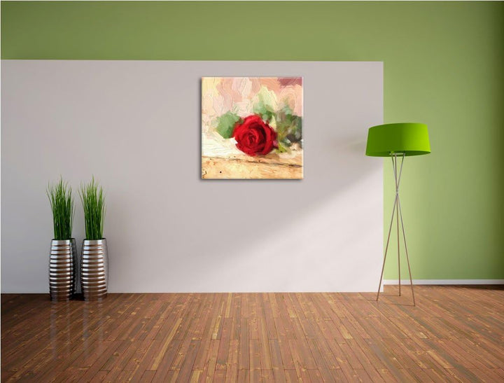 Pixxprint Rote Rose auf altem Holztisch, Format: 70x70 auf Leinwand, 70x70