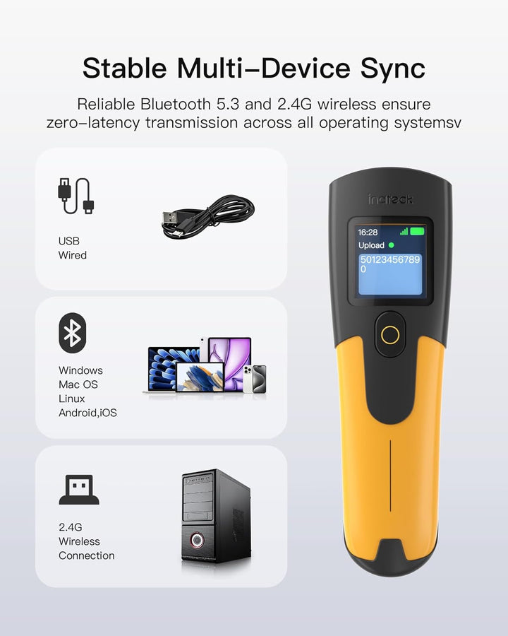 Inateck Barcode Scanner Kabellos 1D, Handscanner Kleine Tasche für Inventar, 3 in1 Bluetooth & USB K