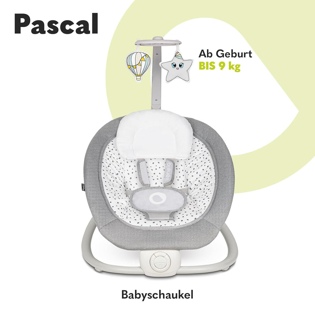 LIONELO Pascal Baby Wippe, sanfte Vibrationen, 5 Melodien, Spielzeugkarussell mit interaktiven Plüsc
