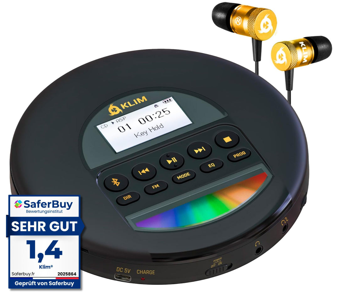 KLIM Nomad CD Player Bluetooth - Tragbarer CD-Player Discman mit langlebigem Akku - Inklusive Kopfhö