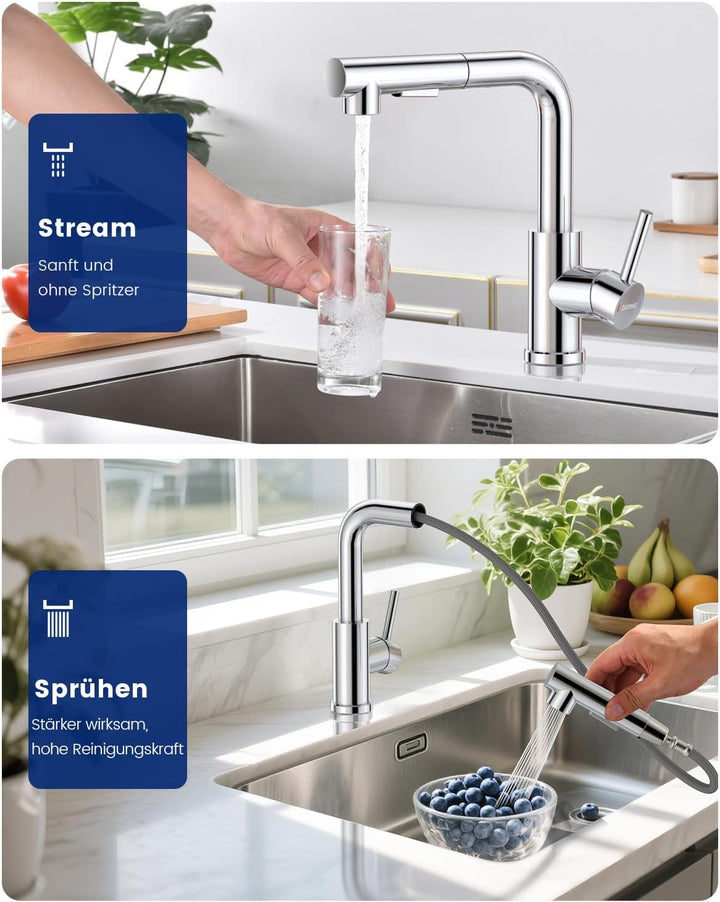 DAYONE Chrom Küchenarmatur Ausziehbar mit Brause, SUS304 Edelstahl Hochdruck Wasserhahn Küche Auszie
