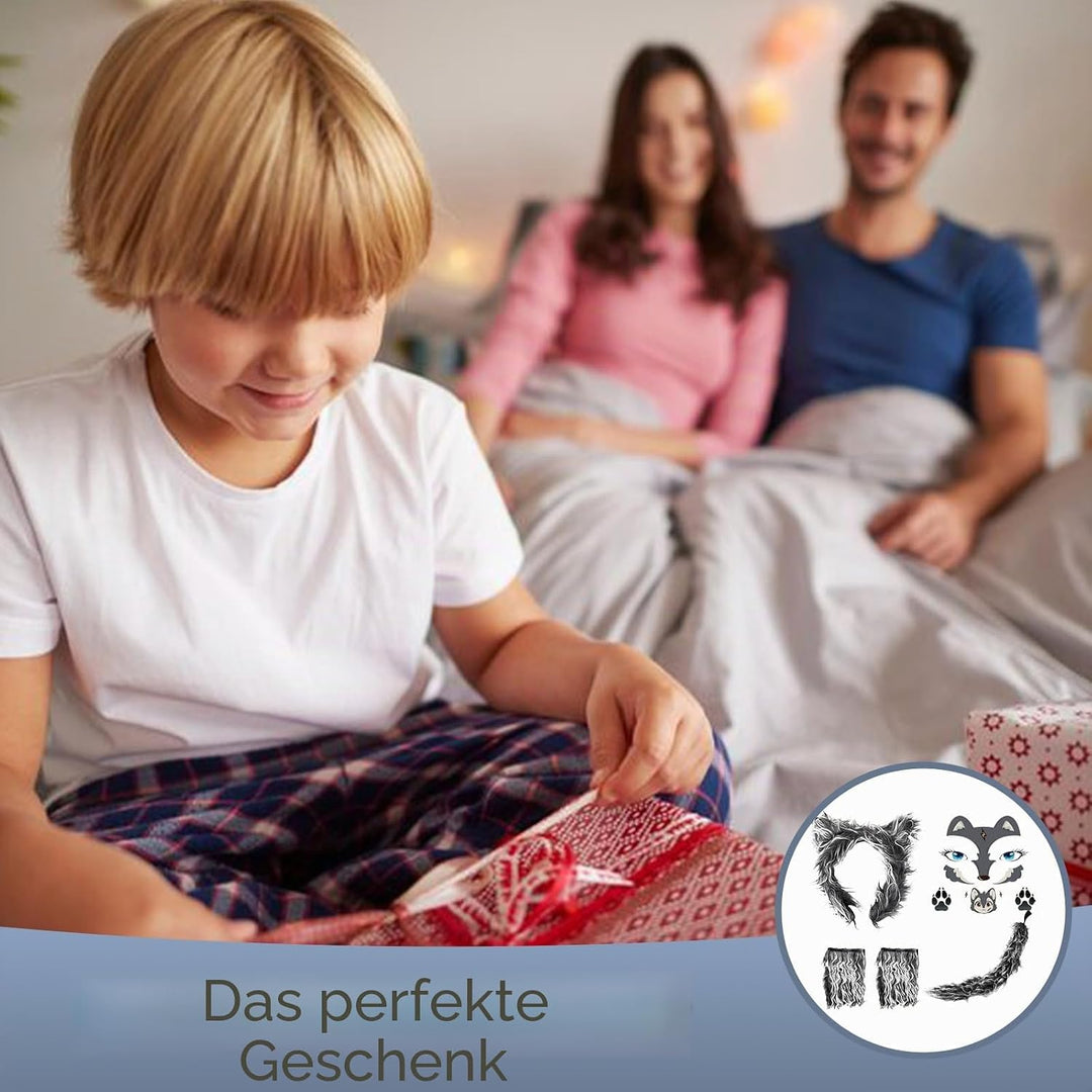 Wolfskostüm-Zubehör-Set, Wolfsohren, Handschuhe, Wölfe, Schwanz, Wölfe, Gesicht, Aufkleber, Kostüme