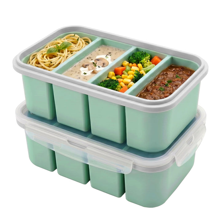 2 Stück Suppen Einfrieren Behälter, 4 Fach Silikon Gefrierform mit Deckel & Clipverschluss, Eiswürfe