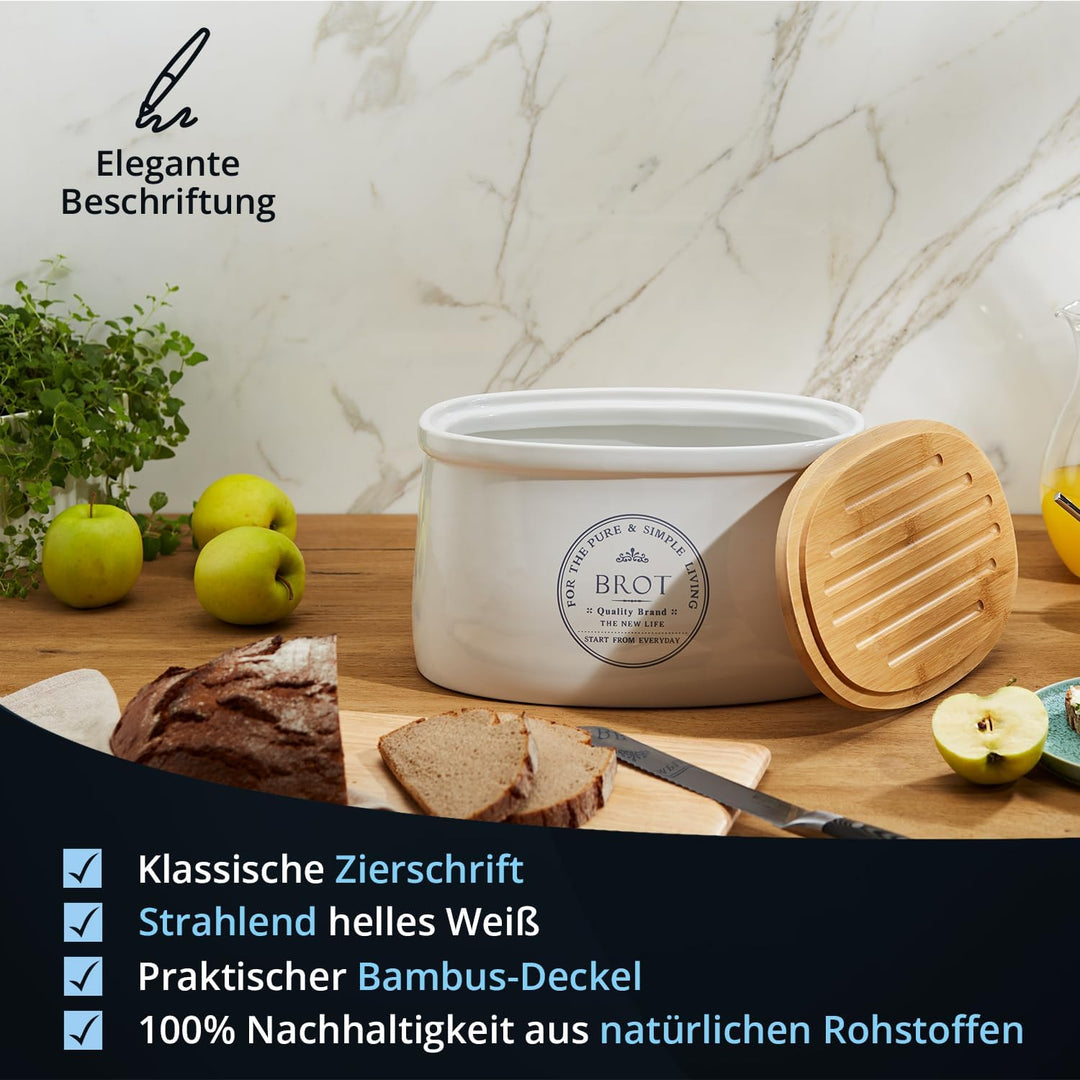 KHG Brotkasten aus Keramik Steingut gross & glasiert in Weiss mit Holzdeckel, Aufbewahrung Brotkaste