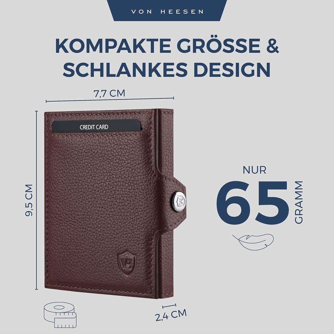 VON HEESEN Slim Wallet mit XXL Münzfach & RFID-Schutz - Leder Geldbeutel - Mini Geldbörse für Herren