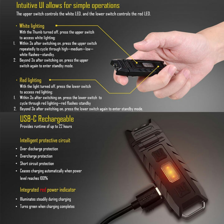 Nitecore THUMB UV - 45 Lumen, über USB aufladbar, Lampenkopf verstellbar, UV-Licht