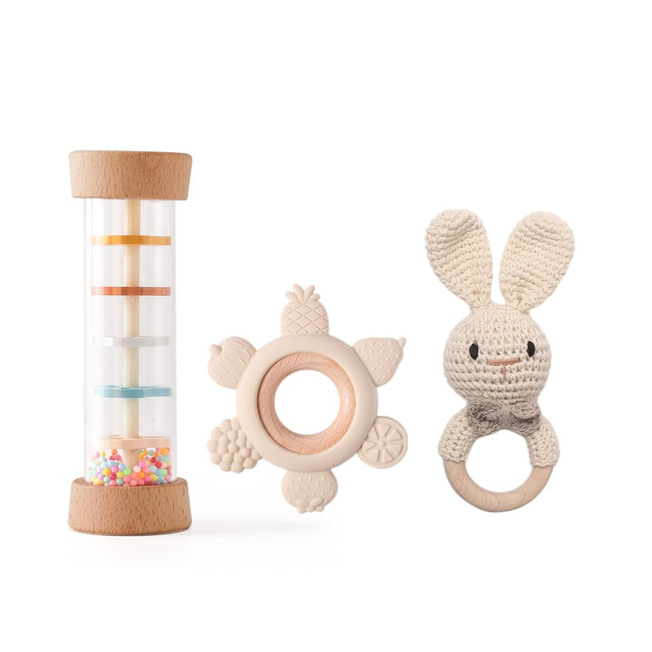 Baby Rassel Set 0 3 6 9 Monate - 3 Stück Baby Rassel Beissring Set mit Gehäkelte Babyrassel und Holz