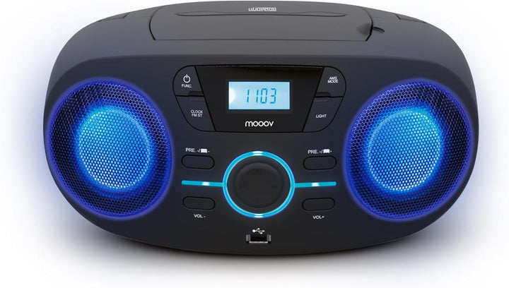 Mooov 477415 Tragbarer CD-Player, CD-Audio-Lesegerät CD-R/CD-RW/CD-MP3, FM-Radio, USB-Anschluss, LED