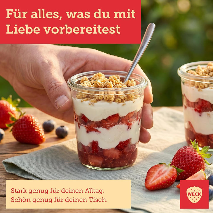 Weck Gläser 140ml – 12er Set mit Deckeln – Sturzform – robuste, stapelbare Dessertgläser, Einkoch- &