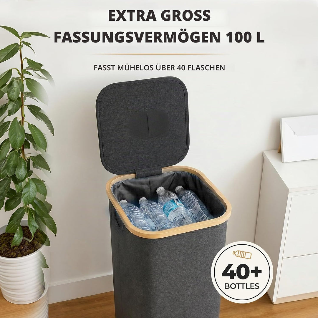 100L Premium Bambus Pfandflaschen Sammelbehälter - Organizer Küche mit innovativ Design für Nachhalt