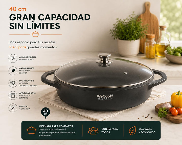 LOW COOKING POT WITH LID ECOCHEF 40 cm. 2.3 Liter, 2.3 Liter