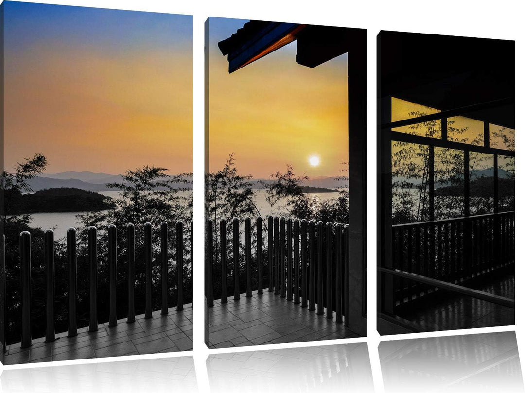 Aussicht auf Sonnenuntergang über See schwarz/weiss 3-Teiler Leinwandbild 120x80 Bild auf Leinwand,