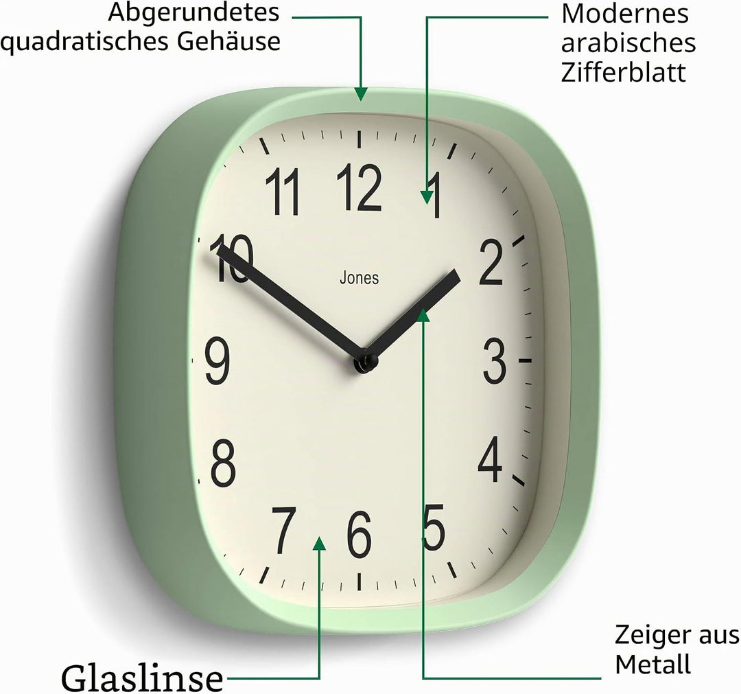 JONES CLOCKS Quadratische Retro-Wanduhr aus hochwertigem Acryl, 'Sprite' in Mintgrün, 25 x 25 x 5 cm