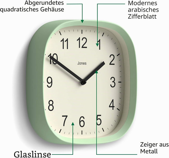JONES CLOCKS Quadratische Retro-Wanduhr aus hochwertigem Acryl, 'Sprite' in Mintgrün, 25 x 25 x 5 cm