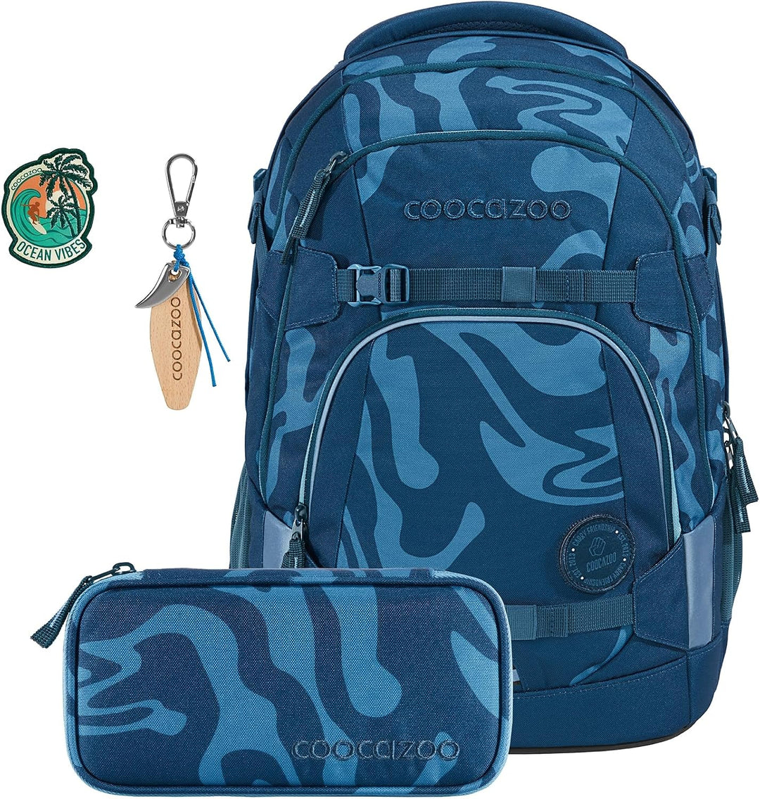 Coocazoo Schulrucksack-Set MATE „Breaking Waves“ 3-teilig, blau, ergonomischer 30L Tornister, mit Br