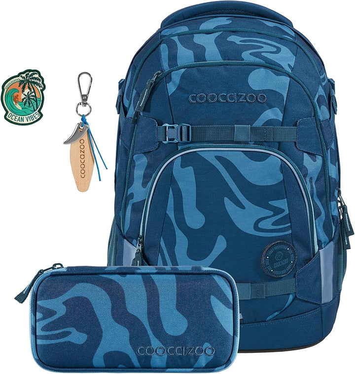 Coocazoo Schulrucksack-Set MATE „Breaking Waves“ 3-teilig, blau, ergonomischer 30L Tornister, mit Br