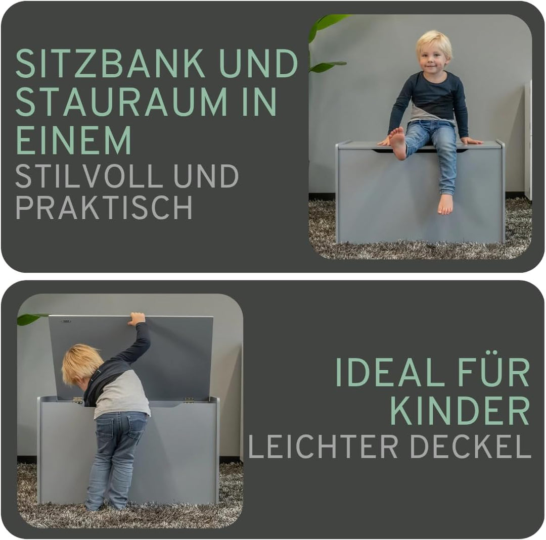 Bandits & Angels Spielzeugkiste aus Holz, Aufbewahrungsbox XL grau – sicherer Verschluss mit Gasfede