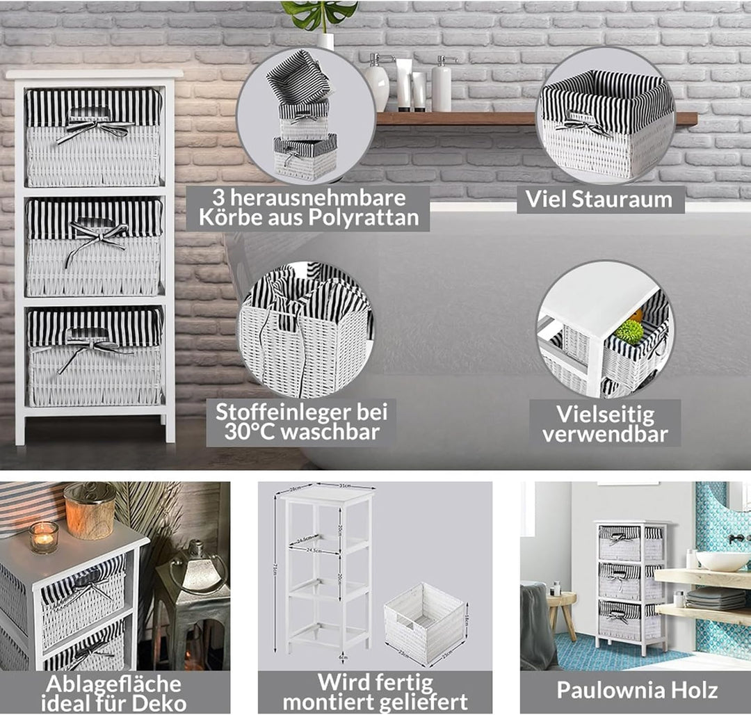 HTI living Regal mit 3 Körben Mia Landhaus Weiss Schwarz Badregal Schubladenkommode