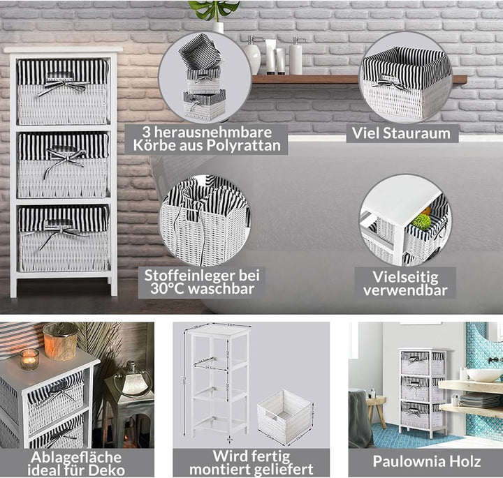 HTI living Regal mit 3 Körben Mia Landhaus Weiss Schwarz Badregal Schubladenkommode