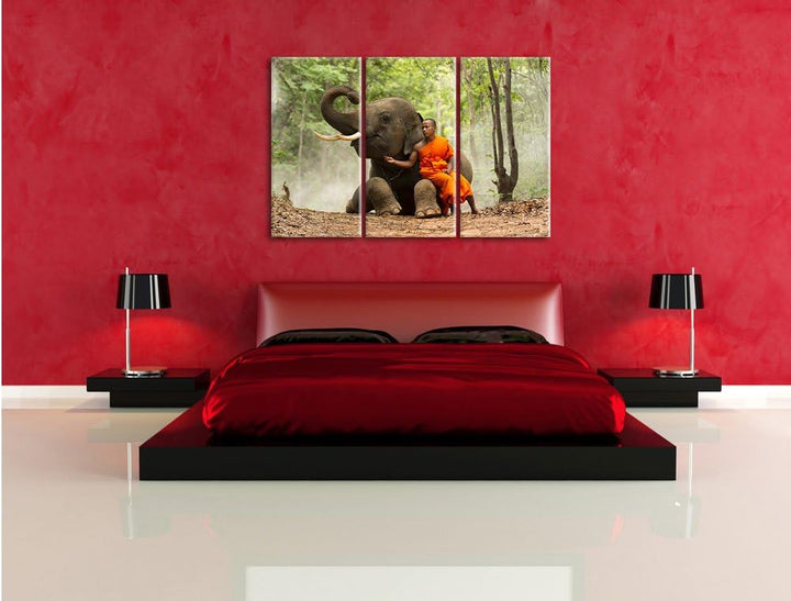 Pixxprint Mönch Elefanten Wald als Leinwandbild - Grösse: 3-Teilig (120x80cm) - Wandbild - Kunstdruc