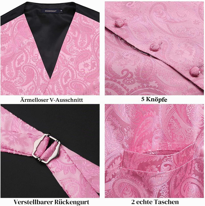 HISDERN Herren Weste Paisley Floral Jacquard Krawatte Einstecktuch Taschentuch Weste Anzug Set XL He