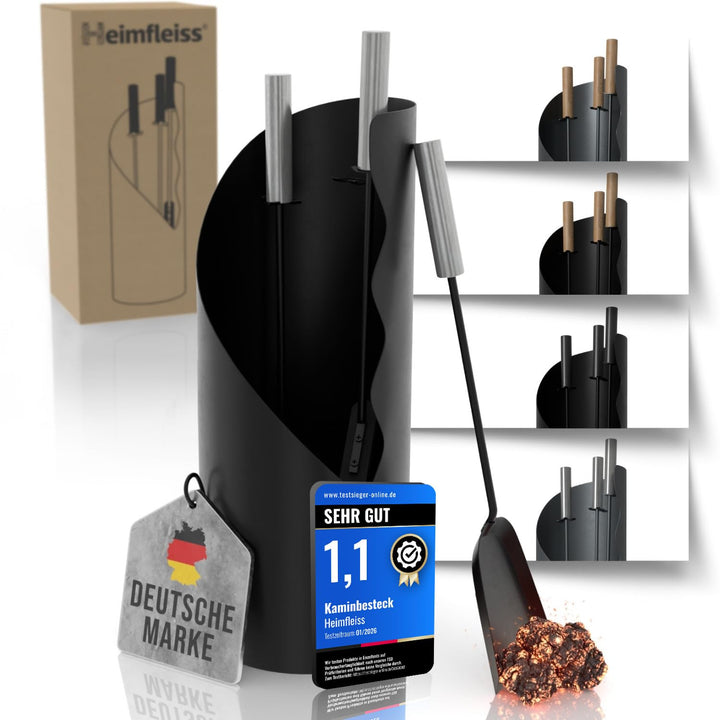 Heimfleiss® Kaminbesteck Schwarz Modern | Ofenbesteck Kaminbesteck Set | Kaminzubehör mit Edelstahl