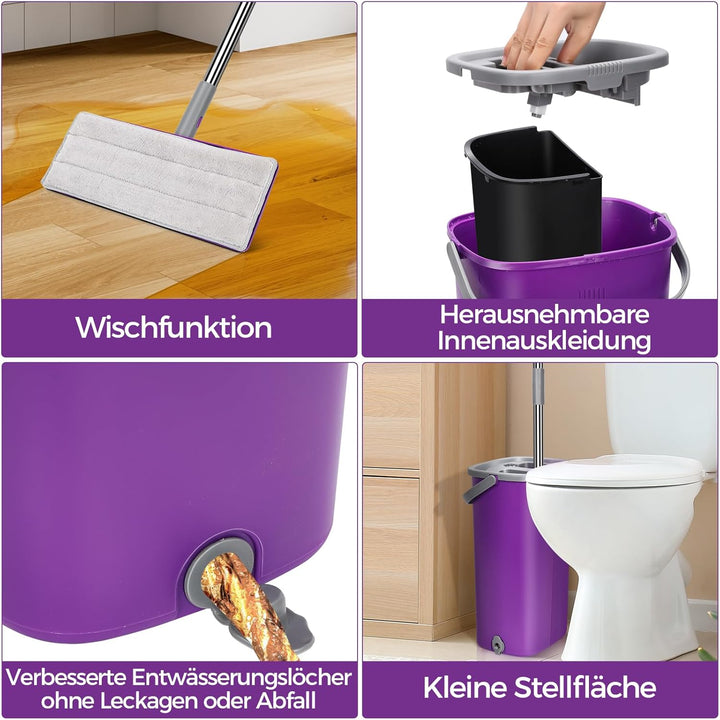 MASTERTOP Wischmopp Set mit Eimer, Bodenwischer Set mit 5 Mikrofaser Pads und Edelstahl Griff, Flach