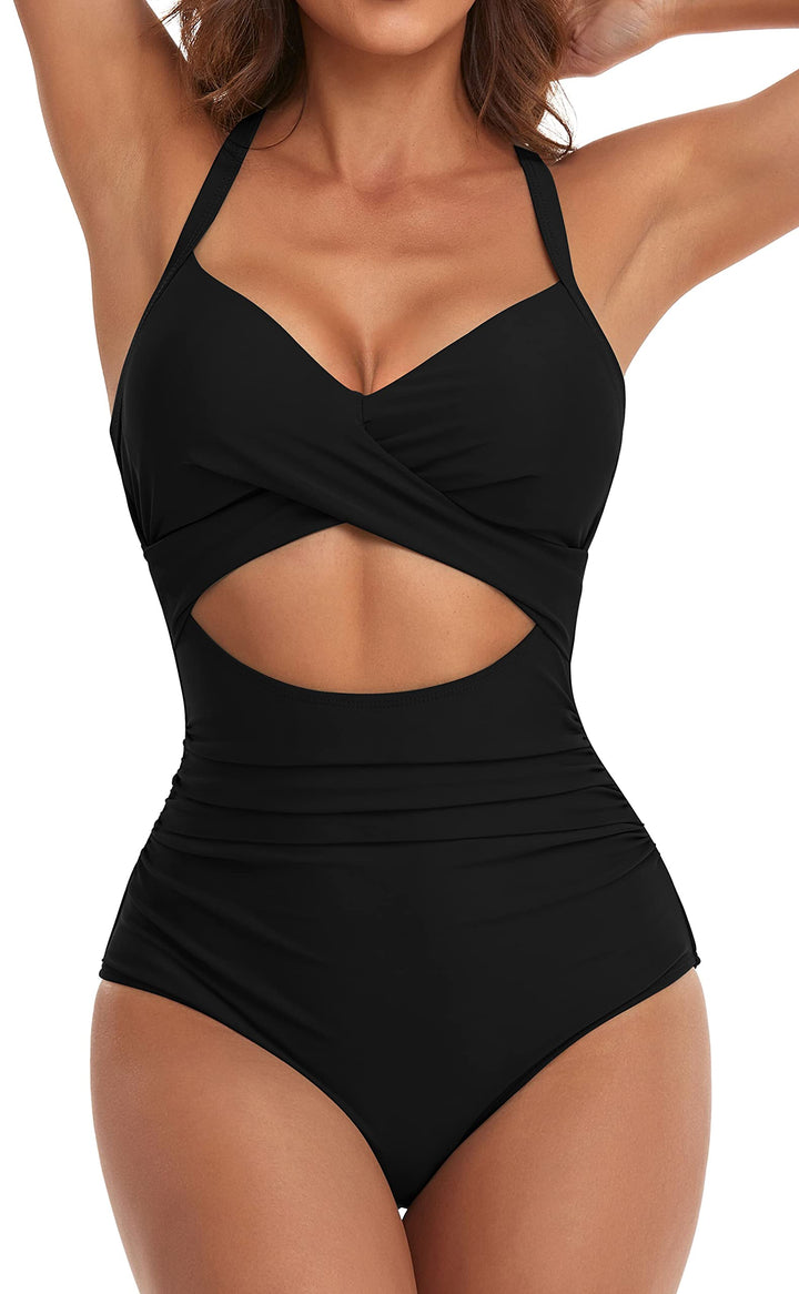 Eomenie Damen-Badeanzug, Einteiler, Bauchkontrolle, hohe Taille, Ausschnitt, Wickelband im Rücken, 1