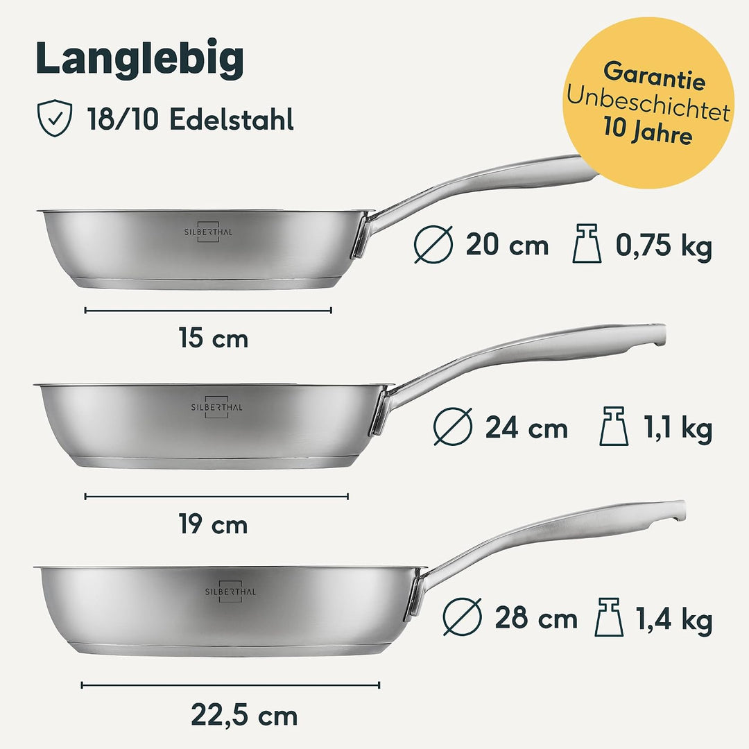SILBERTHAL Pfannen Set 3 teilig - Edelstahlpfanne Unbeschichtet - 20, 24 und 28 cm - Induktionsgeeig