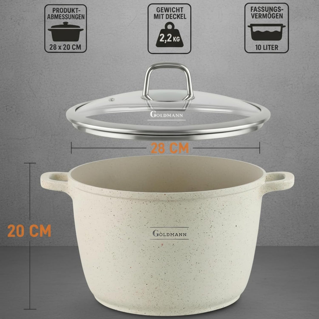 GOLDMANN 28 CM (10L) Aluguss-Kochtopf/Suppentopf mit Glasdeckel, Marmor-Keramik-Antihaftbeschichtung