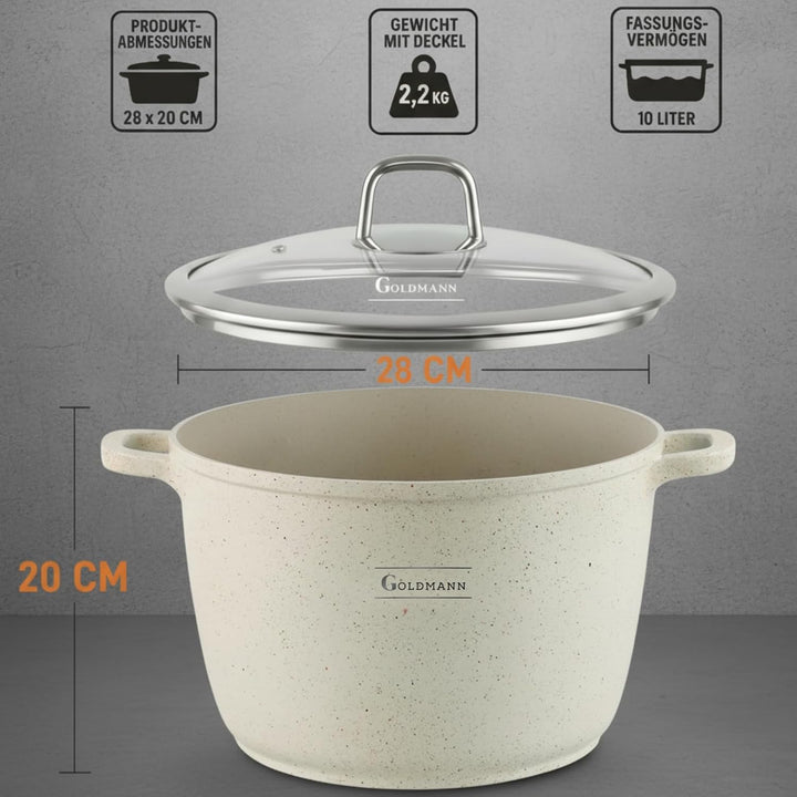 GOLDMANN 28 CM (10L) Aluguss-Kochtopf/Suppentopf mit Glasdeckel, Marmor-Keramik-Antihaftbeschichtung