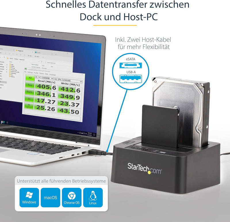 StarTech.com Dual-Bay Festplatten-Kopierer, Selbständiger USB 3.0 (5 Gbit/s) / eSATA auf 2.5/3.5" SA