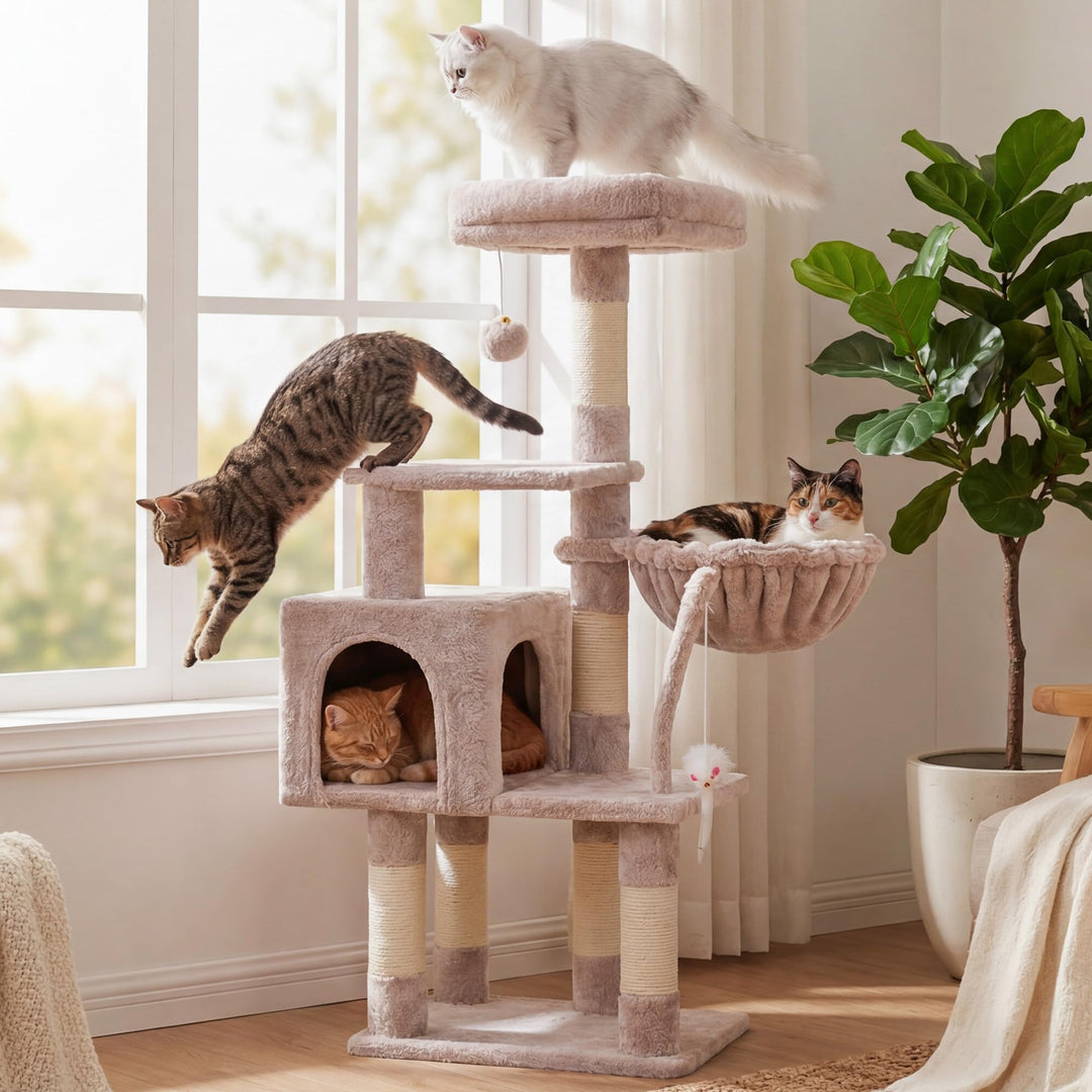 Hey-brother Kratzbaum, 111 cm Katzenbaum mit Spielzeug, Katzenkratzbaum mit Plattform, Hängematte un