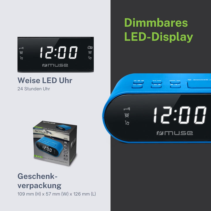 MUSE M-10 BL Radiowecker mit LED-Display, Zwei Weckzeiten, dimmbar, digitaler UKW-Tuner, 20 Sendersp