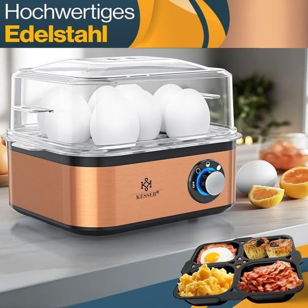 KESSER® Eierkocher für 1 bis 8 Eier elektrisch aus Edelstahl 500W & Warmhaltefunktion | LED-Drehscha