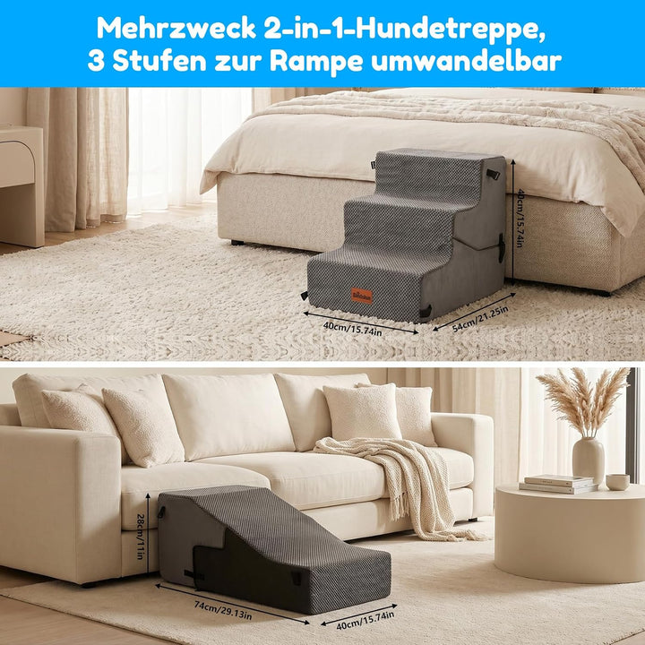 2-in-1 Hundetreppe für Kleine Hunde 28/40 cm, Katzentreppe für Alte Katzen – 3 Stufen mit Waschbarem