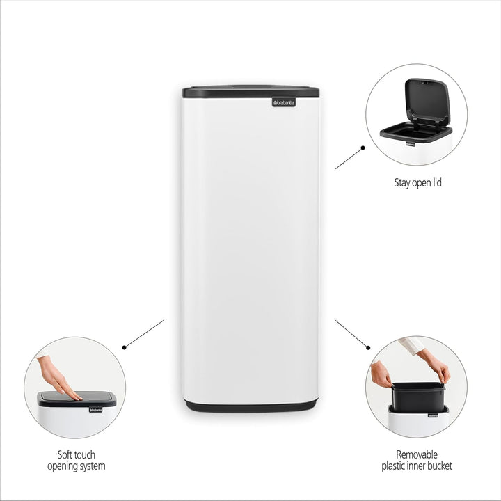 Brabantia Bo Touch Bin Küchenmülleimer 30 L (weissü), platzsparender Abfalleimer mit Soft-Touch-Öñff