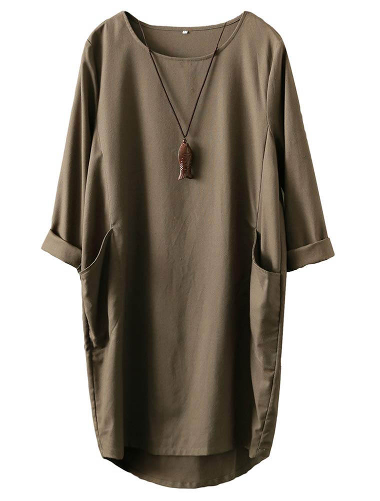 FTCayanz Damen T-Shirt Tunika Kleid Langes Leinenkleider Elegant Langarm Blusenkleid Mini Kleider L