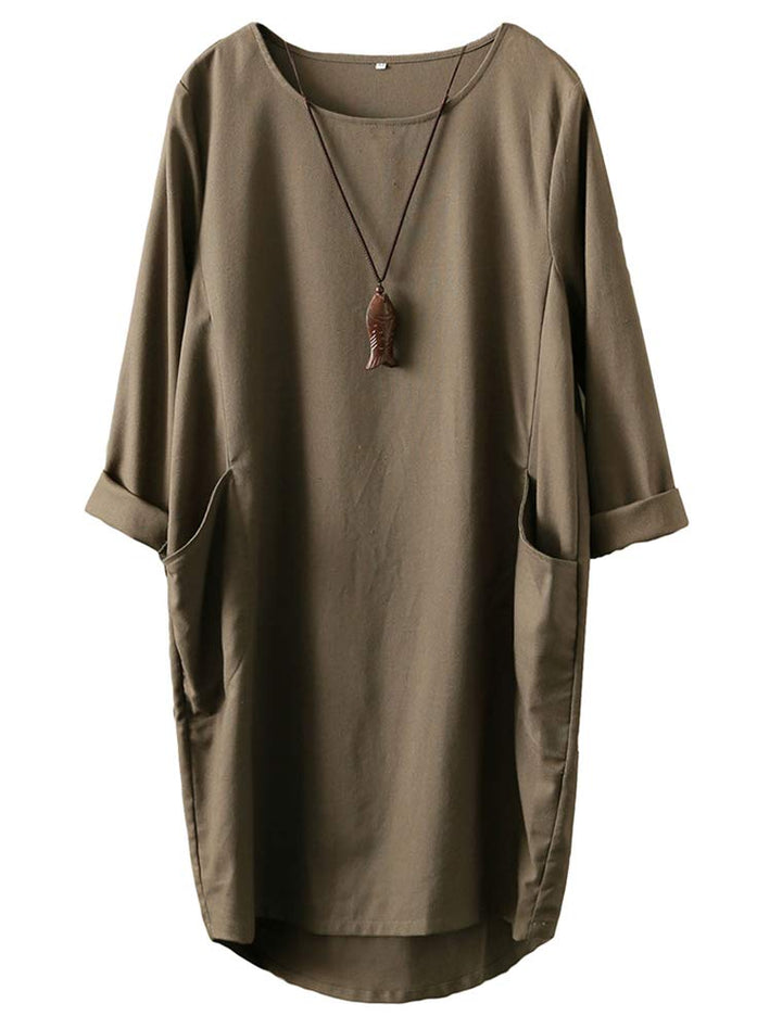 FTCayanz Damen T-Shirt Tunika Kleid Langes Leinenkleider Elegant Langarm Blusenkleid Mini Kleider L