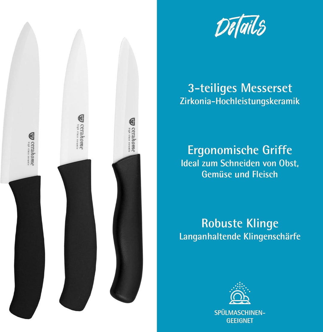 GRÄWE Keramikmesser Set, Scharf, 3er Pack Messerset, Küchenmesser, Gemüsemesser und Kochmesser aus K