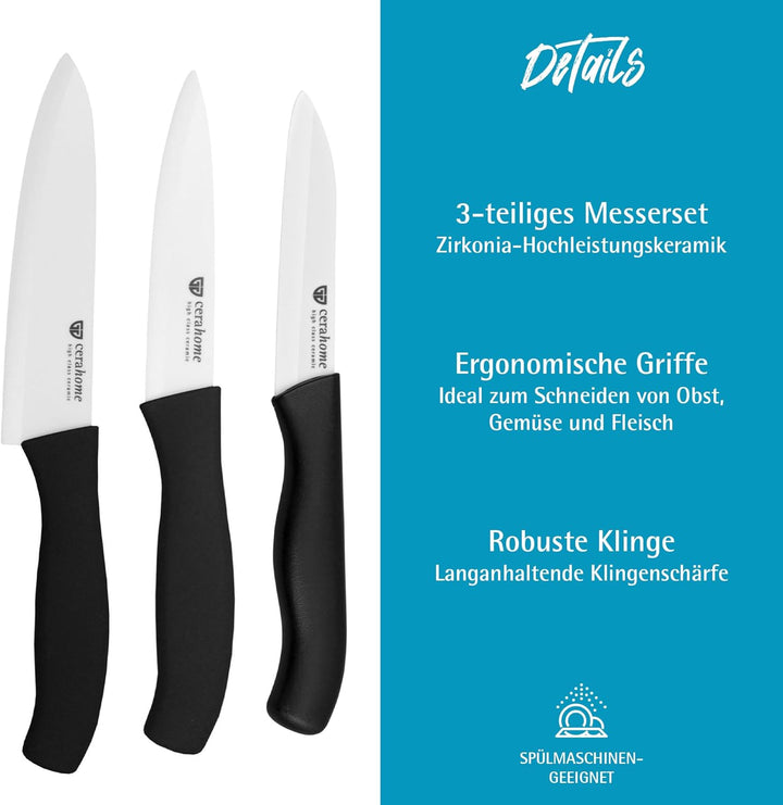 GRÄWE Keramikmesser Set, Scharf, 3er Pack Messerset, Küchenmesser, Gemüsemesser und Kochmesser aus K