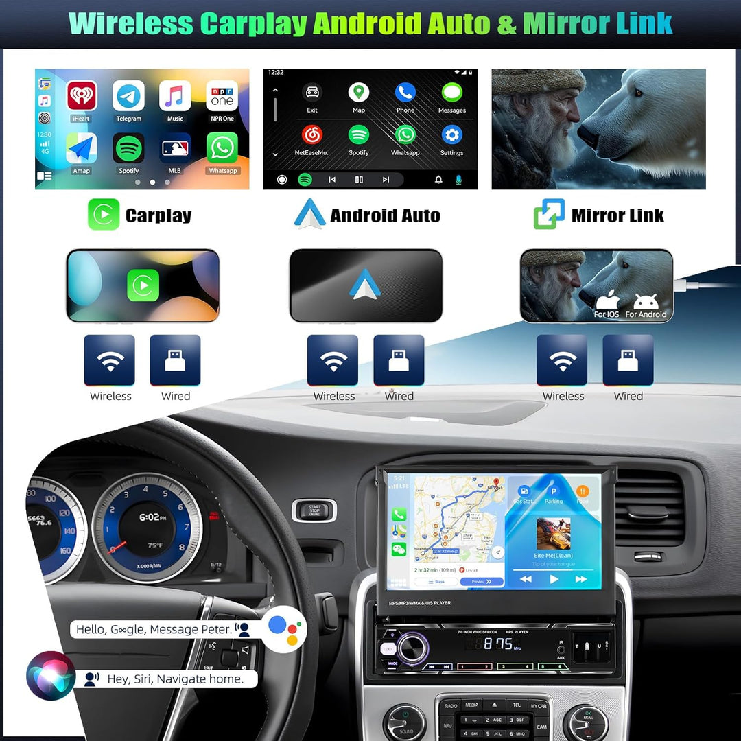 CAMECHO Autoradio 1 Din Wireless Carplay mit 7 Zoll Touchscreen Bluetooth Radio Manuelle Ausfahrbare