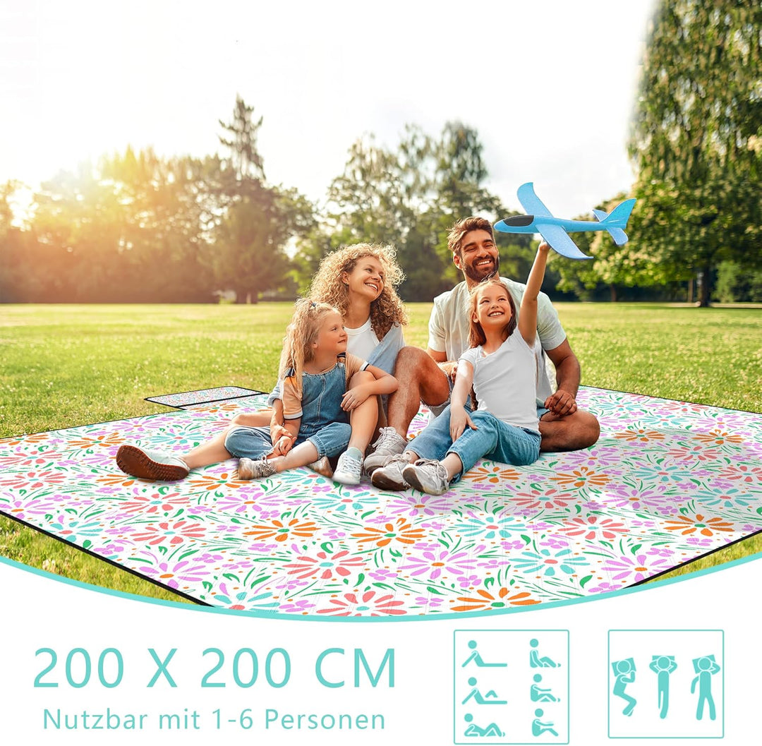 Picknickdeck 200x200 cm，Stranddeck XXL wasserdicht sandfrei，Faltbare Strandmatte,3-lagige waschbare
