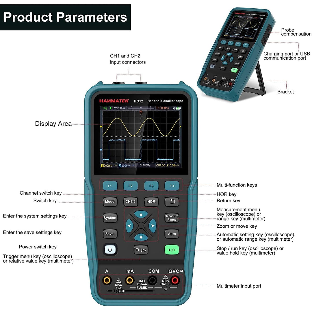 Digitales Oszilloskop,HANMATEK Handheld-Digitaloszilloskop HO52 50Mhz Bandbreite, 2 Kanal 2 in 1 Osz